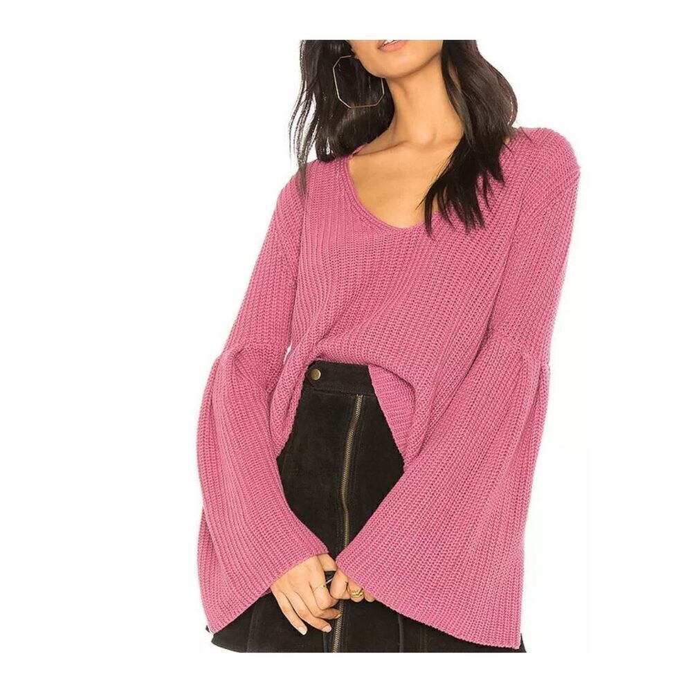 FREE PEOPLE Rose Pink Damsel Bell Sleeve Cotton V-neck Sweater M